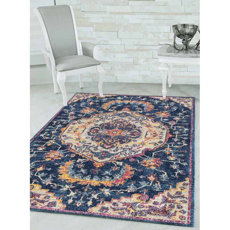 Tapis bleu à motif médaillon, Rectangle 7 pi 10 po x 10 pi 6 po