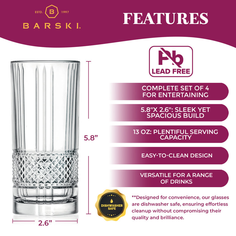 Highball Glass - Drinking Glasses - Set of 4 - Hiball Tumblers - 13 oz, Made in Europe