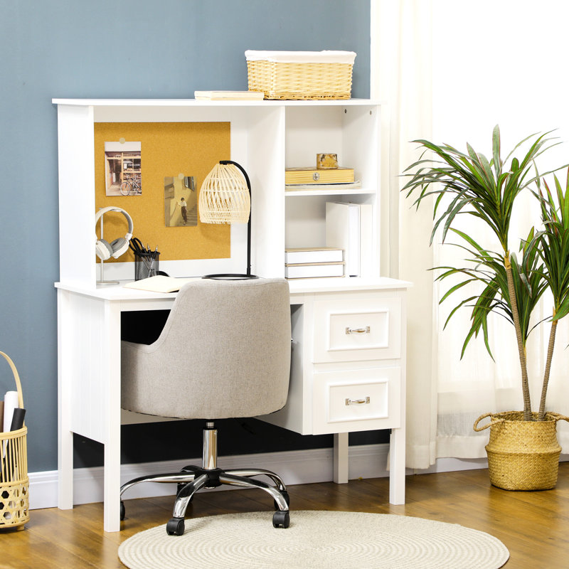 Bureau d'étudiants blanc - tiroirs et tablettes, poste de travail moderne avec trou pour câbles et espace de rangement dans les tablettes