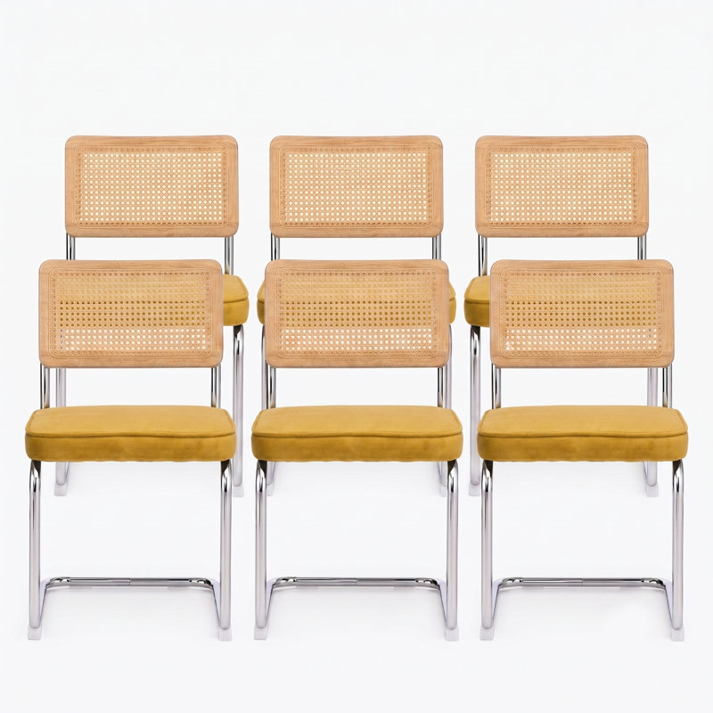 Chaise d'appoint en porte-à-faux avec dossier en rotin de canne et structure en acier, Yellow
