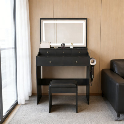 Modern black Vanity Desk with Large Mirror & Power Outlet, Makeup Vanity Set with 5 Drawers, Hair Dryer Holder & 3-Color Adjustable LED Lighting, Dressing Table for Bedroom