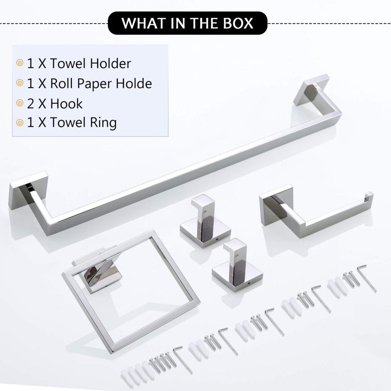 5 Piece Wall Mounted Bathroom Hardware Set Towel Bar Set, Chrome