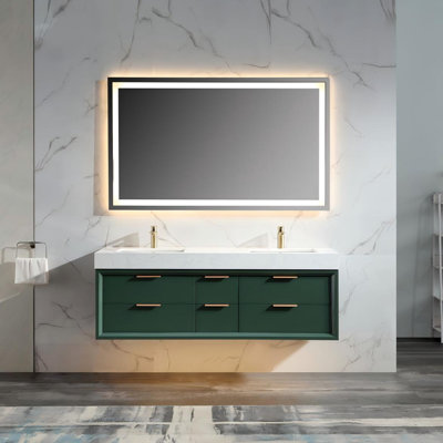 Lumino 60" Floating Bathroom Vanity With Double Sink, Soft-Close Drawers, White Stone Countertop & LED Light