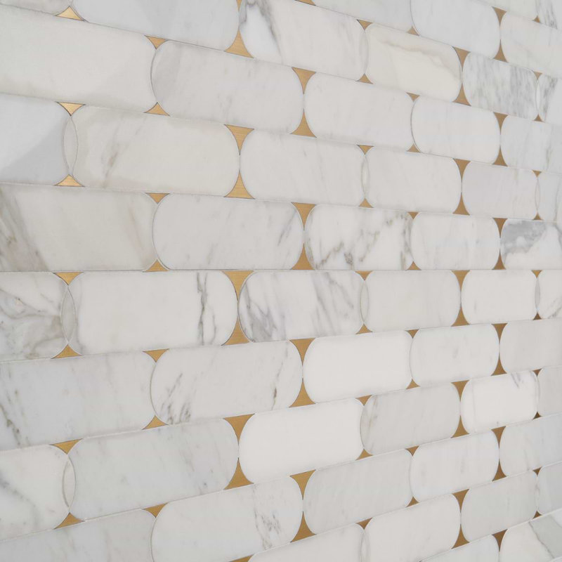 Norway 2x6 Polished Marble and Pearl Waterjet Mosaic Tile, Calacatta White