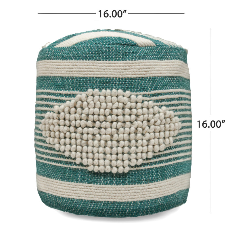 Pouf cylindrique en tissu - blanc et bleu sarcelle, fabriqué à la main avec du coton en laine, 16 po x 16 po, capacité de 250 lb, nettoyer les taches, entièrement assemblé et assemblé