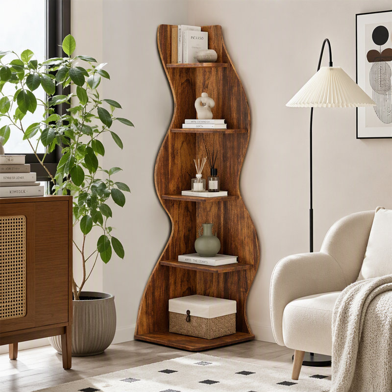 Étagère d'angle à 5 niveaux, bibliothèque murale d'angle moderne, Rustic Brown