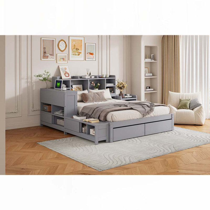 Lit avec rangement, table de chevet, 2 tiroirs, ports USB et bureau, Gris