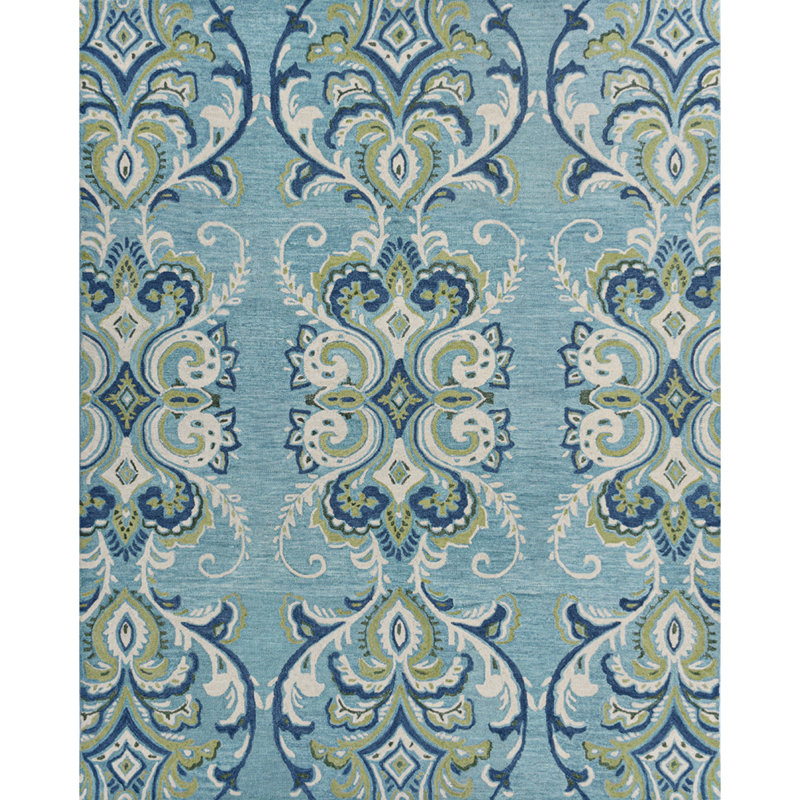 Adelaide Hand Hooked Aqua/Green/Ivory Wool Rug, Rectangle 8' x 10'