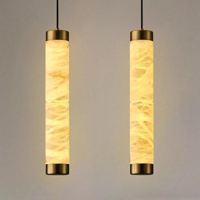 Modern 2- Light Alabaster Pendant Lights Kitchen Island, Black Cylinder Cylinder Marble Long Pendant Light