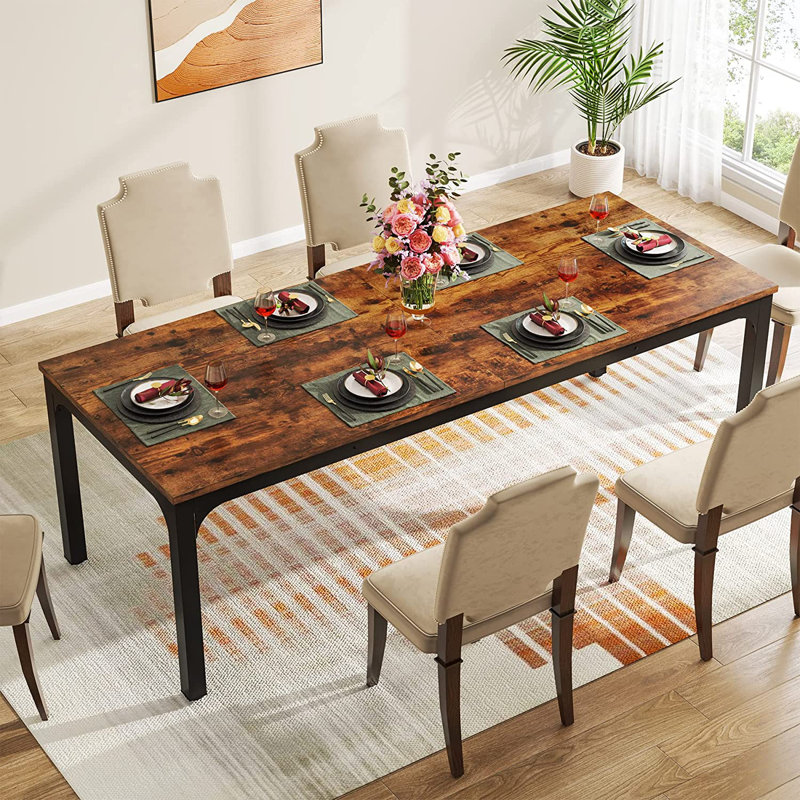 Lamekia Metal Base Dining Table, Rustic Brown, Black