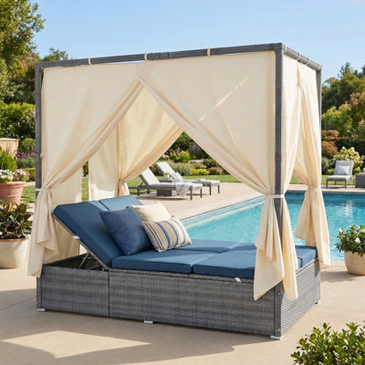 Lit de jour pour l'extérieur avec méridienne double avec auvent, lit de patio pour l'extérieur avec dossier réglable, canapé en acier robuste pour la cour, près de la piscine