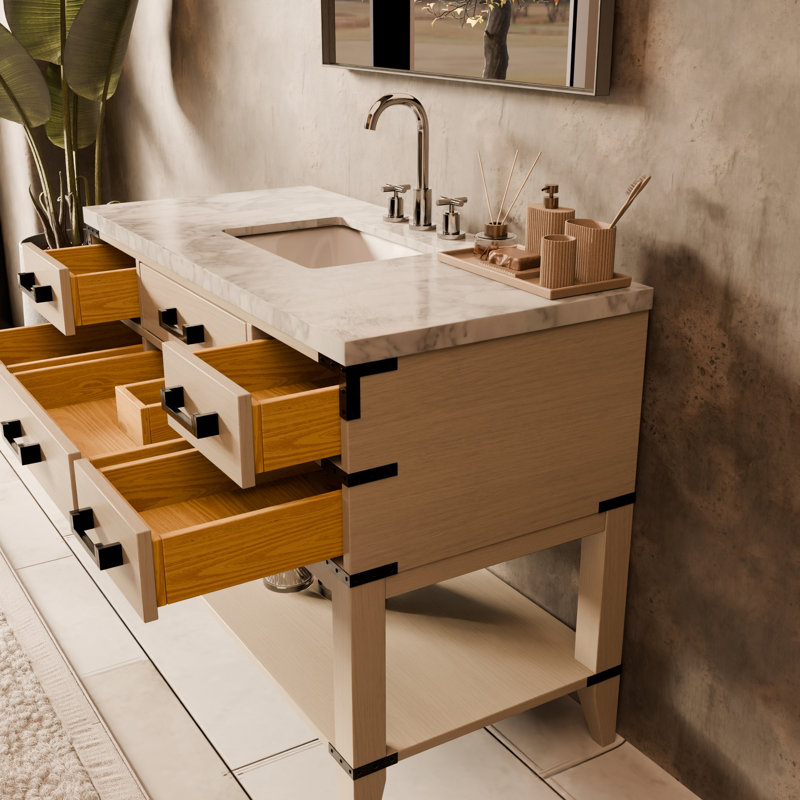 48" Single Bathroom Vanity Set, White Carrara Marble, White Oak