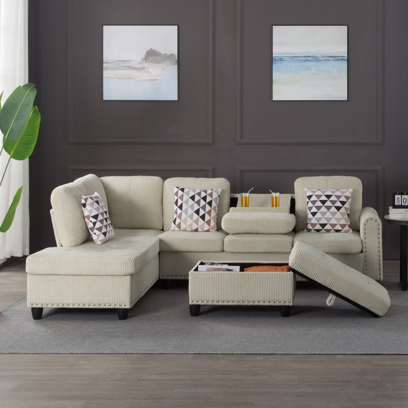 3 - Piece Upholstered Sectional, Beige Corduroy