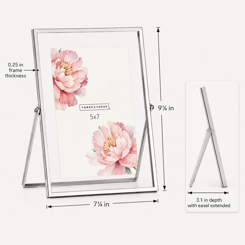 Modern 5 x 7 Floating Glass Tabletop Picture Frame in Silver, 5" x 7"