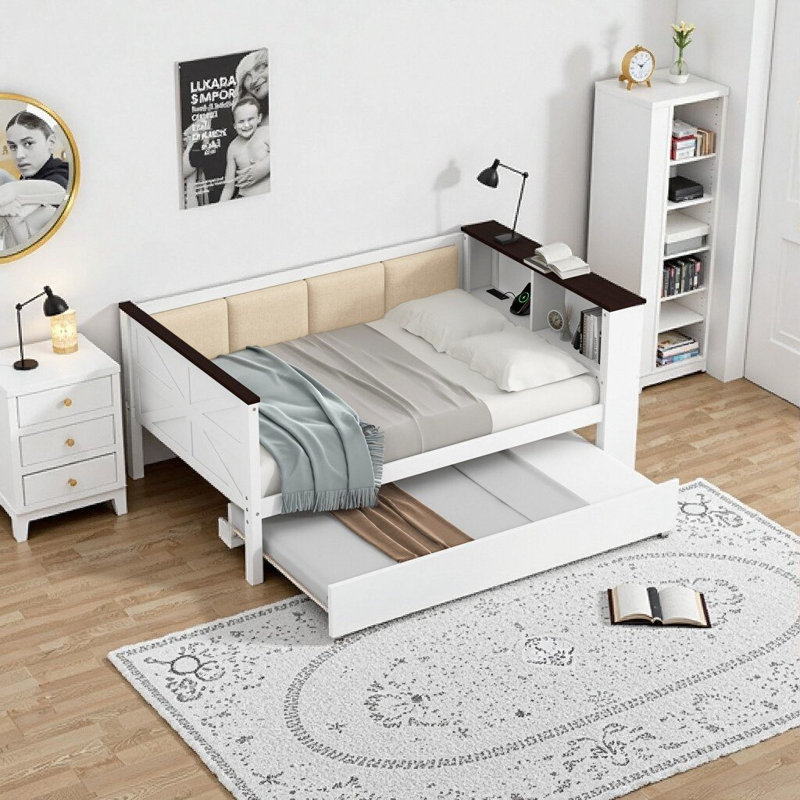 Lit de jour simple en bois massif avec tablettes de rangement, chargement USB, lit gigogne et dossier rembourré, blanc
