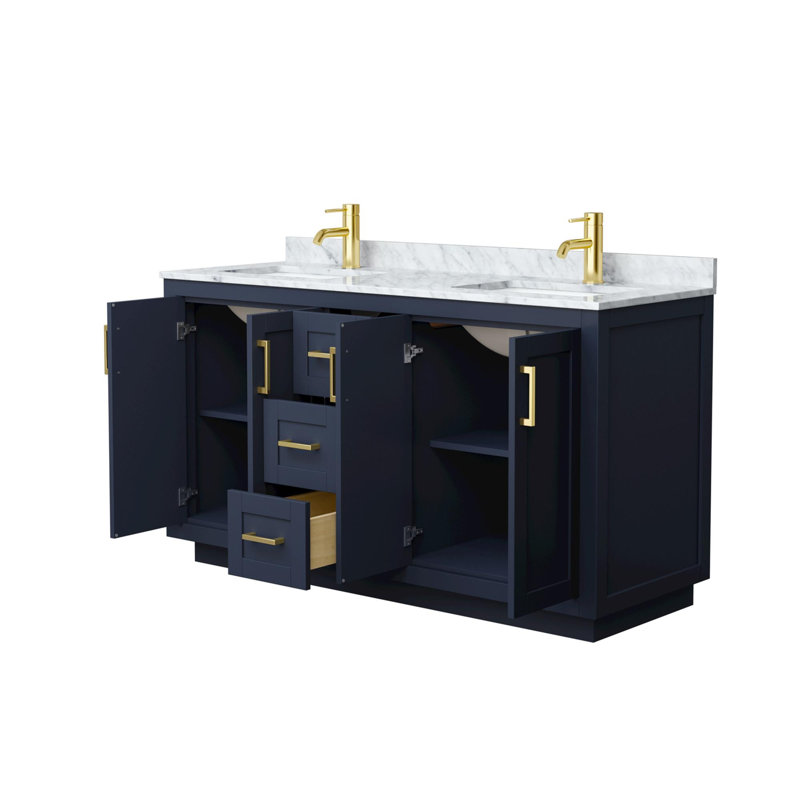 Miranda 60" Freestanding Double Bathroom Vanity with Marble Top, Brushed Gold, Dark Blue