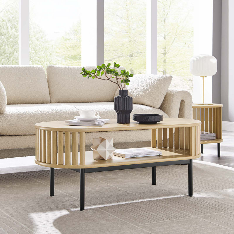 Oak Oval Wood Coffee Table with Black Metal Legs