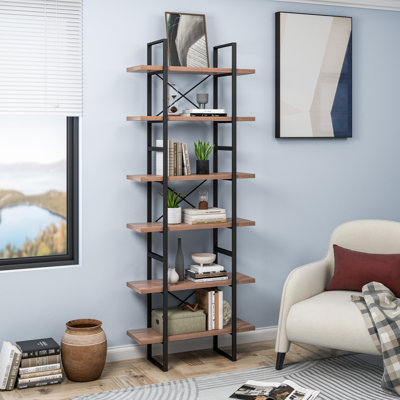 Oscar 6-Tier Etagered Walnut Shelf Bookcase With Black Metal Frame - 35.43*12.5*85 Inches -  mylotus-home, LH39001W3