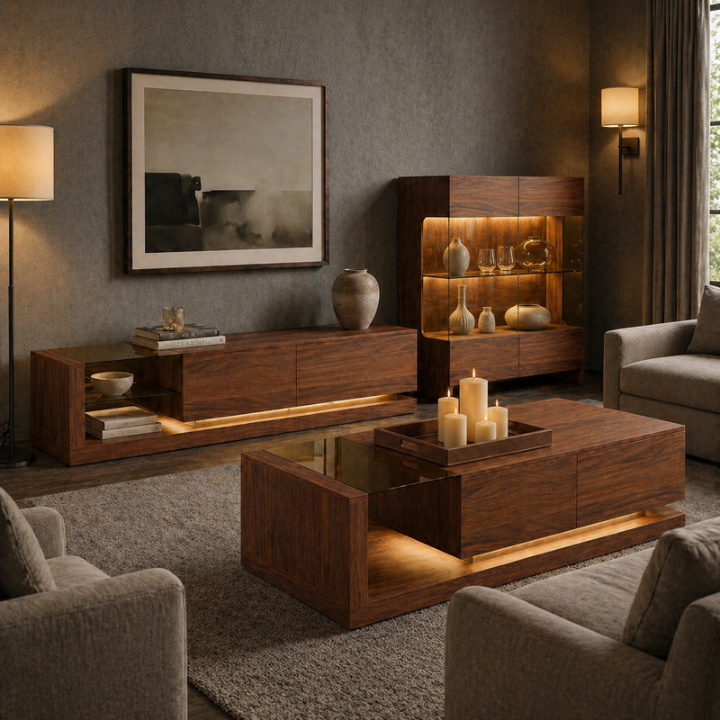 Ensemble de salon 3 pièces en noyer avec meuble télé, table basse et armoire d'appoint Culver