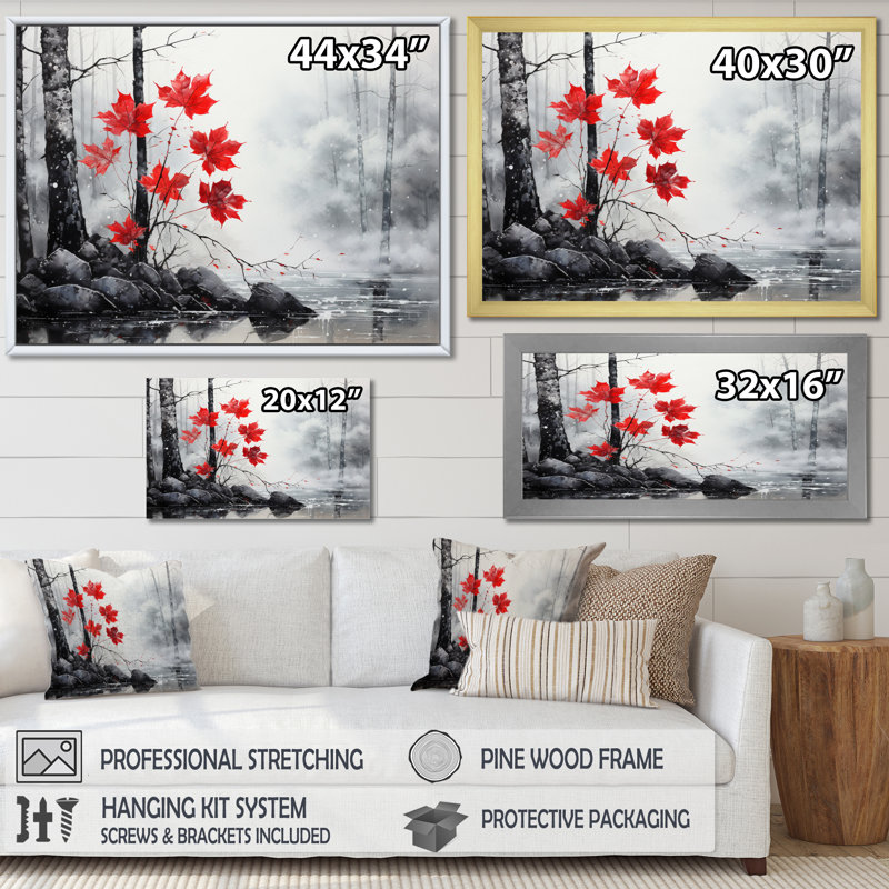 Bianchina, forêt monochrome rouge minimaliste II - forêt, art mural, H 34 po x l 44 po x P 1,5 po, Cadre naturel flottant