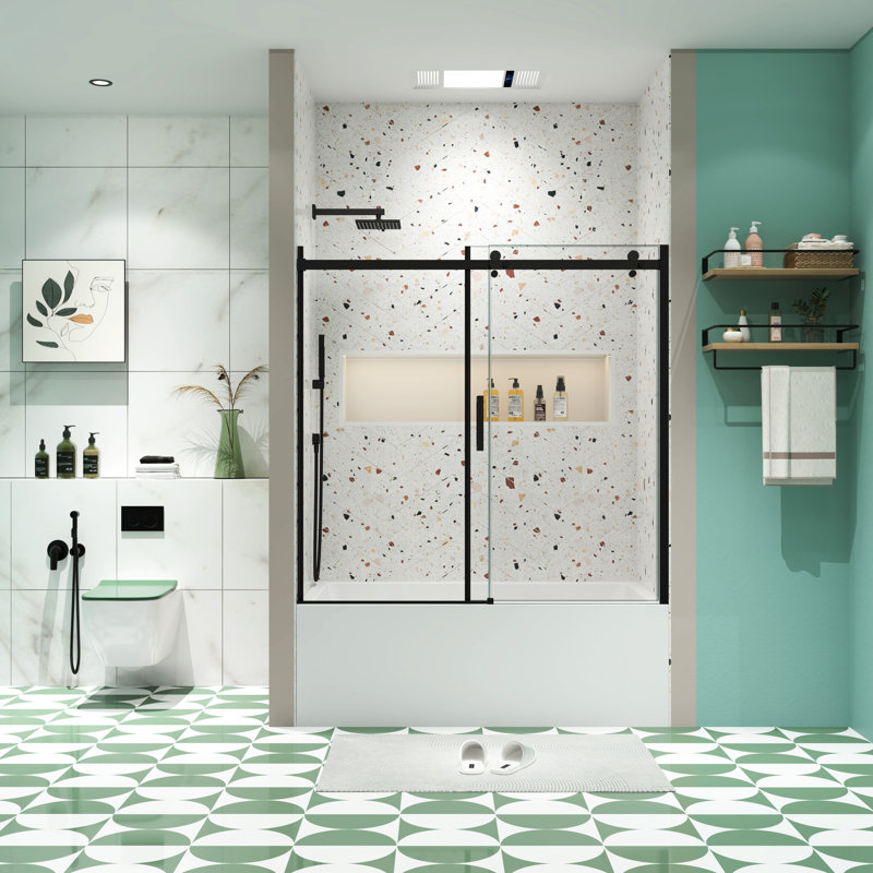 Porte de douche noire matte, verre trempé 5/16 po, baignoire coulissante, porte de verre de finition noire, fonction murale réglable