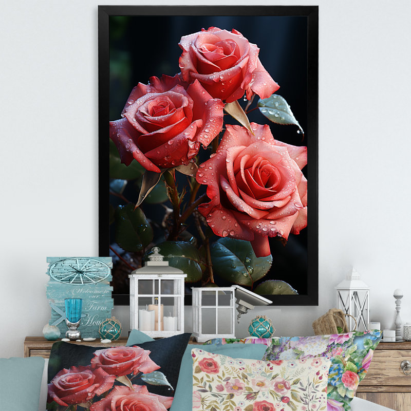 Art mural rétro rose rouge Reson I - Roses, Cadre simple noir, H 20 po x l 12 po x P 1 po