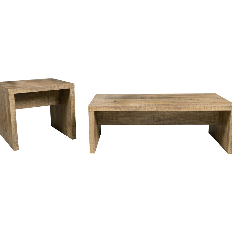 2 tables: table basse rectangulaire et bout avec texture manguier, grain de bois au design épuré pour le décor du salon