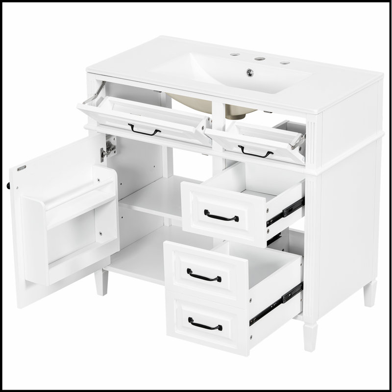 Meuble-lavabo de 36 pouces avec lavabo en céramique, structure en bois massif, armoire en panneau de fibres à densité moyenne, tiroirs rabattables et tablette réglable pour un rangement élégant