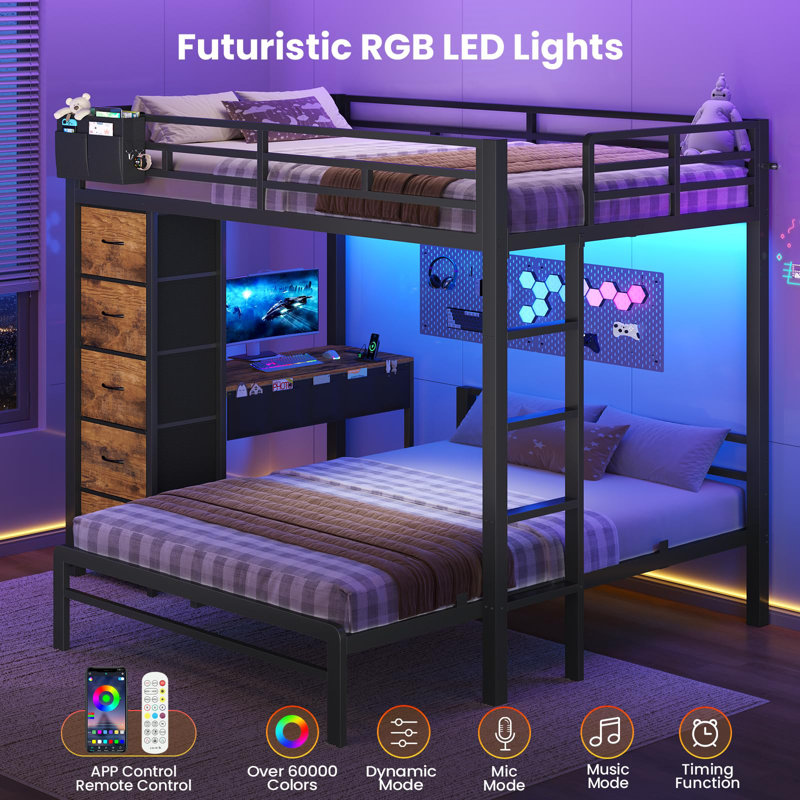 Bunk Bed With Desk, Full Over Full Bunk Beds With 5 Storage Drawers And Charging Station, Rustic Brown, Brown