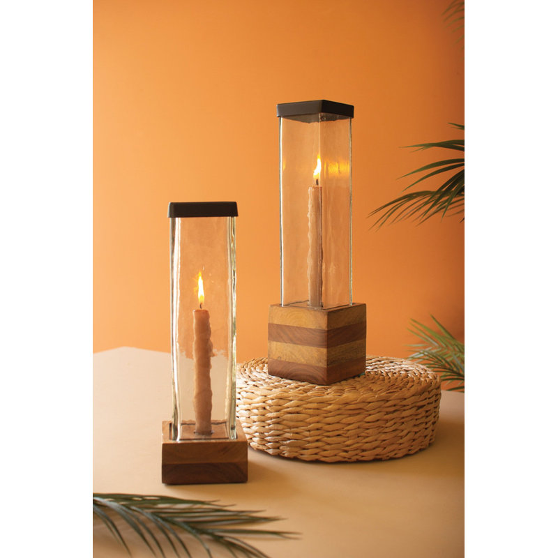 Ensemble de 2 porte-chandelles carrés en verre et bois Kalaou H 15 po
