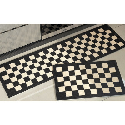 Ensemble de 2 tapis de cuisine, tapis de couloir antidérapants et antidérapants, tapis autoportants résistants aux taches, damier crème noir