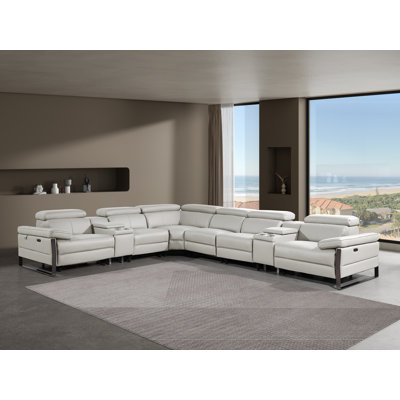 Top Grain Italian Leather 8-Piece L-Shaped Modular Power Reclining Sectional With 3 Power Recliners & Power Headrests