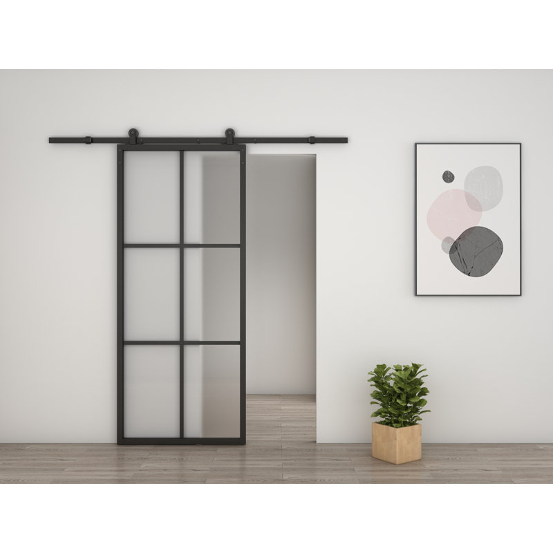 Sliding Metal Frame Glass Barn Door With Handle And Installation Hardware Kit, Frost