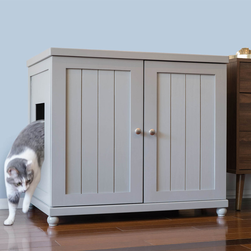 The Refined Litter Box - Wood Cat Litter Box Enclosure Cabinet with Drawer, Cottage Style + Feet, Extra Large, Round, White