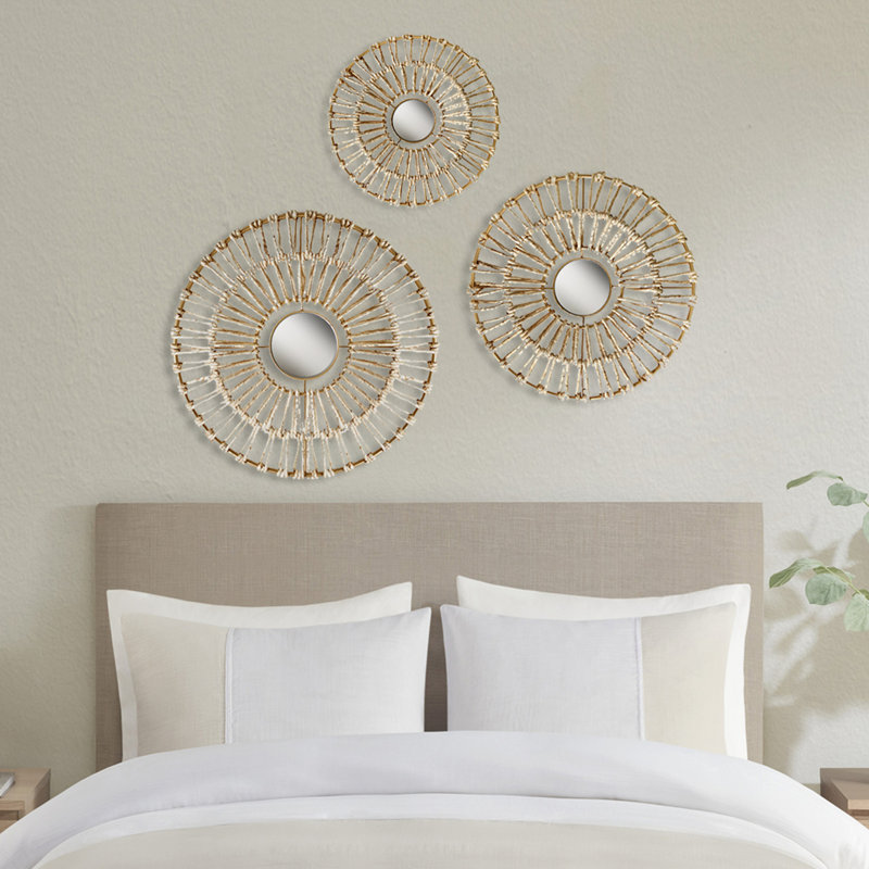 Gold Corn Husk Wrapped Round Decorative Mirror Set