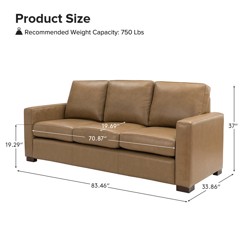 Fournier 83.46'' Genuine Leather Square Arm Sofa with Pillows, Camel Genuine Leather