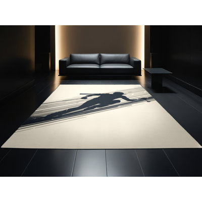 Machine Washable Aguilar Biathlon Skier Modern Rug in Beige – Black Binding