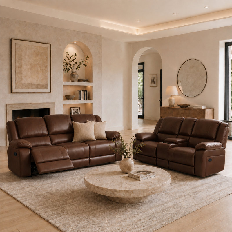 Ensemble de salon moderne 2 pièces avec porte-gobelet caché, Brun-roux