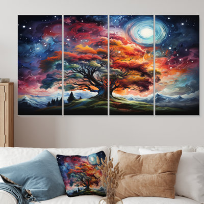 Arbre cosmique orange et rose - arbre, art mural sur toile 4 pièces