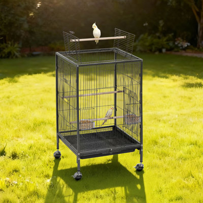 Cage à oiseaux, 45 x 45 x 75 cm, toit plat ouvert, volière en fer forgé avec perchoirs, plateau coulissant et mangeoires en plastique, roulettes, mésange bleue, calopsitte, canari, perruche ondulée, conure