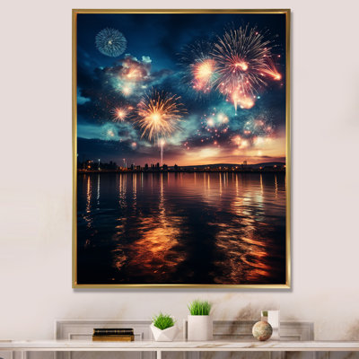 Green And Red Fireworks By The Lake II - Fireworks Wall Art