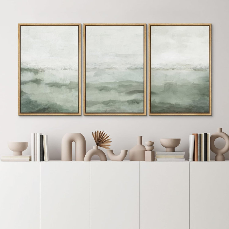 Sage Green Abstract Landscape Canvas Print Set with Natural Frame