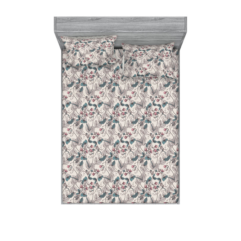 Ambesonne Fitted Sheet & Shams, Cadet Blue/Rose/Eggshell Flower, King Sheet Set with 2 Pillowcases