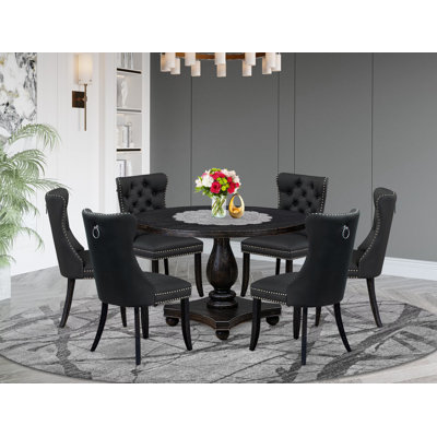 7-Piece Dining Room Set with Faux Leather 6 Dark Gray dining room chairs, Button-Tufted Backs, and a 48"Round Kitchen Table in Sand Blasted Black Finish.