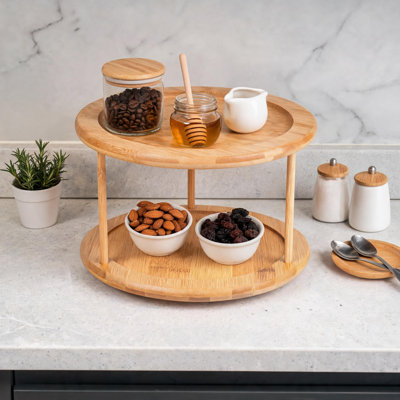 Bamboo Double-Layer Rotating Spice Rack, 10.02 Inches In Diameter And 6.88 Inches In Height. A Great Kitchen Countertop Storage Item, Yellow.