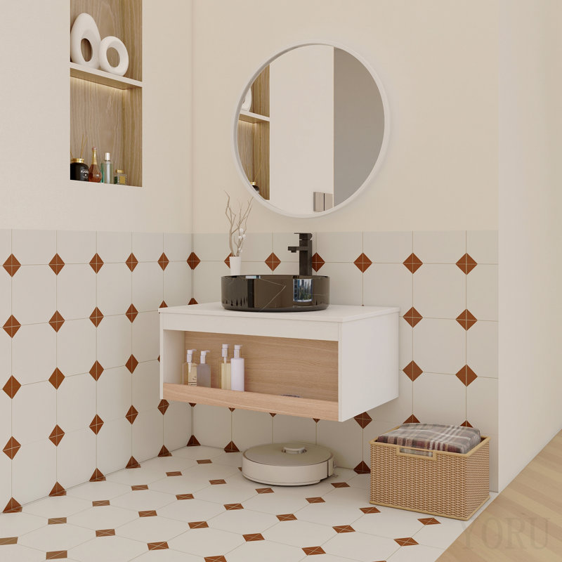 Meuble-lavabo flottant de 30 po avec lavabo vasque en veine de marbre noir, meuble-lavabo mural avec rangement ouvert, finition blanche avec décor en bois, conception moderne peu encombrante (livré dans 2 boîtes)