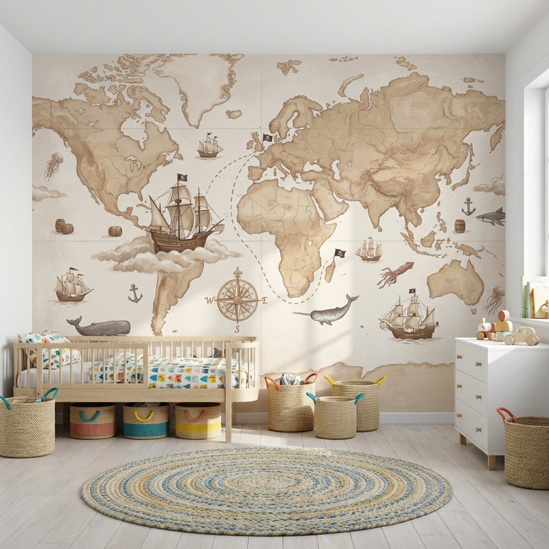 Papier peint carte du monde nautique, 200 po x 120 po, Peler et coller