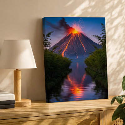 Canvas A Majestic Volcano Erupts Dramatically Under A Twilight Sky With Wall Art Vibrant Orange And Red Lava Spewing From Its Summit Canvas Wall Art