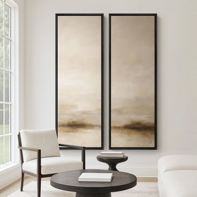 Calm Neutral Horizon Landscape for Living Room – Set of 2 Framed Wall Art Print on Canvas 60"x20"x2, 60"x30"x2