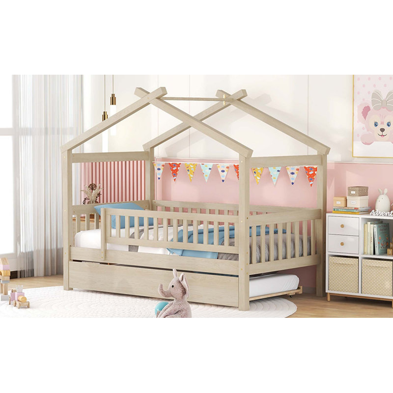 Wooden House Bed With Trundle, Natural, Twin